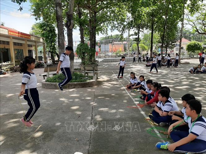 Trong ảnh: Sân trường Tiểu học Võ Văn Ngân, huyện Đức Hòa đa số là cây bàng. Nhà trường chọn giải pháp tỉa cành, làm khung sắt chống đỡ những cây cao lâu năm vừa bảo đảm an toàn, vừa tạo bóng mát cho sân trường. Ảnh: Đức Hạnh - TTXVN