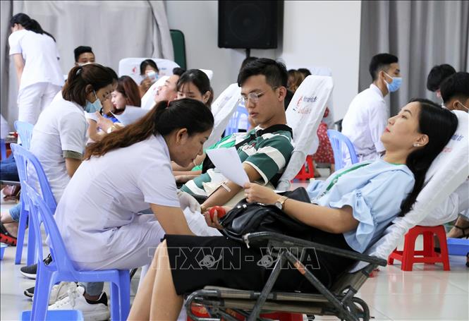 Trong ảnh: Giảng viên, sinh viên trường Đại học Đông Á hiến máu tình nguyện tại chương trình. Ảnh: Trần Lê Lâm - TTXVN