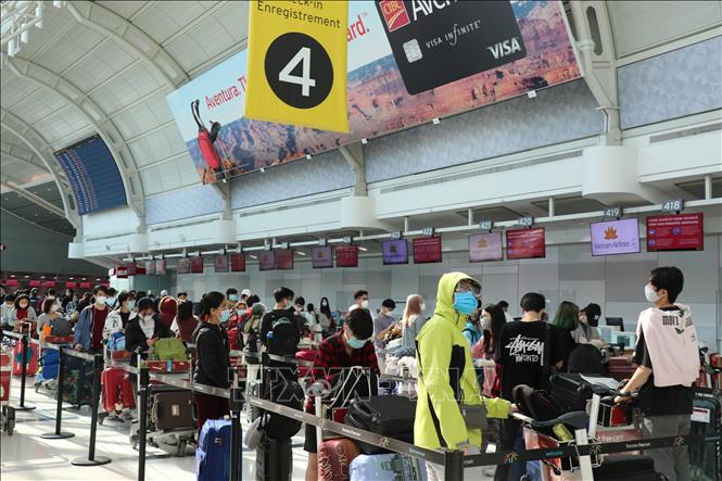 Photo: Vietnamese citizens are waiting for check-in at the Toronto International Airport, Canada. VNA Photo: Vũ Quang Thịnh