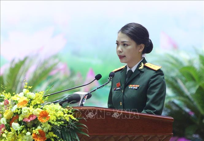 Trong ảnh: Trung uý Sa Minh Ngọc (Cục Gìn giữ hoà bình Việt Nam) phát biểu tại Đại hội Thi đua Quyết thắng toàn quân lần thứ X. Ảnh: Dương Giang - TTXVN 