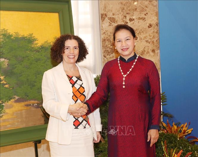 Photo: NA Chairwoman Nguyen Thi Kim Ngan and a delegate attending the summit's opening ceremony. VNA Photo