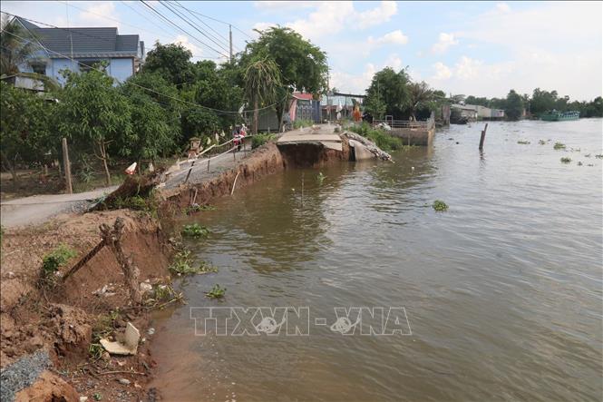 Trong ảnh: Hàng trăm mét đường bê tông tại xã Phú An, huyện Cai Lậy bị nhấn chìm xuống dòng sông. Ảnh: Minh Trí-TTXVN
