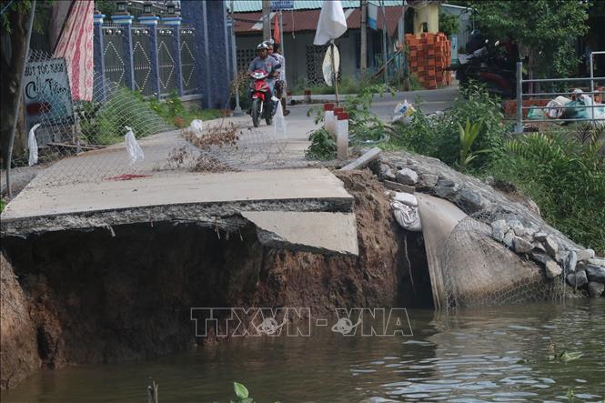 Trong ảnh: Hàng trăm mét đường bê tông tại xã Phú An, huyện Cai Lậy bị nhấn chìm xuống dòng sông. Ảnh: Minh Trí-TTXVN
