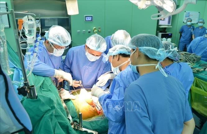 Trong ảnh: Các bác sỹ Bệnh viện Đại học Y dược Thành phố Hồ Chí Minh thực hiện ca ghép gan cho người bệnh. Ảnh: TTXVN phát