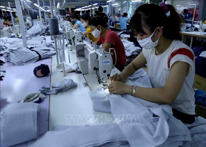 Trong ảnh: Dây chuyền may sản phẩm quần áo bảo hộ lao động xuất khẩu sang thị trường Nhật Bản tại Công ty CP may xuất khẩu MTV, cụm công nghiệp Bắc Cẩm Xuyên, thành phố Hà Tĩnh, tỉnh Hà Tĩnh. Ảnh: Vũ Sinh - TTXVN