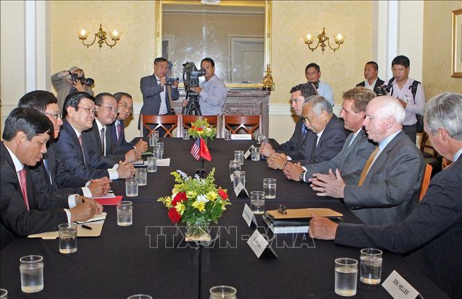 Trong ảnh: Chiều 24/7/2013, tại Washington D.C, Chủ tịch nước Trương Tấn Sang gặp gỡ các Nghị sỹ Thượng viện và Hạ viện Hoa Kỳ. Ảnh: Nguyễn Khang – TTXVN