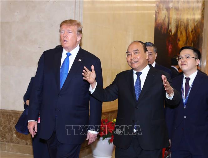 Trong ảnh: Sáng 27/2/2019, tại Trụ sở Chính phủ, Thủ tướng Nguyễn Xuân Phúc hội kiến Tổng thống Hoa Kỳ Donald Trump nhân dịp sang Việt Nam dự Hội nghị thượng đỉnh Hoa Kỳ - Triều Tiên lần thứ hai. Ảnh: Thống Nhất – TTXVN