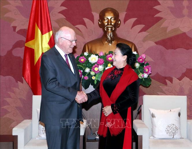 Trong ảnh: Chiều 18/4/2019, Chủ tịch Quốc hội Nguyễn Thị Kim Ngân tiếp đoàn Thượng nghị sĩ Hoa Kỳ, do Thượng nghị sĩ Patrick Leahy, Phó Chủ tịch Ủy ban Chuẩn chi Thượng viện Hoa Kỳ dẫn đầu. Ảnh: Trọng Đức - TTXVN