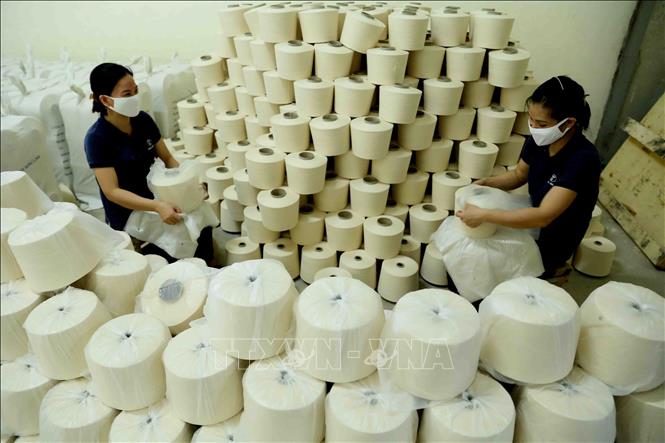 Trong ảnh: Đóng gói sản phẩm sợi thành phẩm. Ảnh: Vũ Sinh - TTXVN