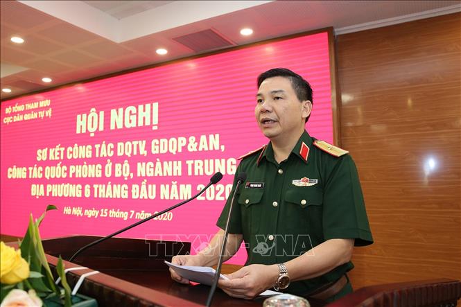 Trong ảnh: Thiếu tướng Phạm Quang Ngân, Cục trưởng Cục Dân quân tự vệ phát biểu. Ảnh: Dương Giang - TTXVN