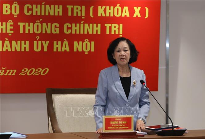 Trong ảnh: Đồng chí Trương Thị Mai, Trưởng Ban Dân vận Trung ương, Trưởng đoàn kiểm tra phát biểu tại buổi làm việc. Ảnh: Văn Điệp - TTXVN