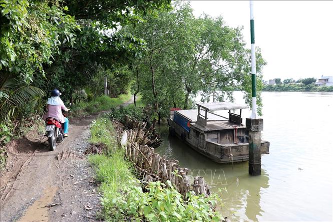 Trong ảnh: Một đoạn sạt lở nghiêm trọng lấn vào đường giao thông tại ấp Bình Khương 2, xã Bình Phục Nhứt, huyện Chợ Gạo, tỉnh Tiền Giang. Ảnh: Hữu Chí - TTXVN