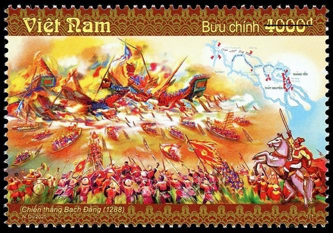 Photo: The stamp sample depicting Bach Dang victory. VNA Photo: Đức Hiếu