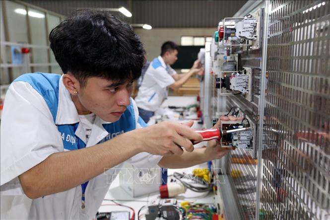 Trong ảnh: Các sinh viên thi thực hành nghề Điện công nghiệp. Ảnh: Anh Tuấn – TTXVN