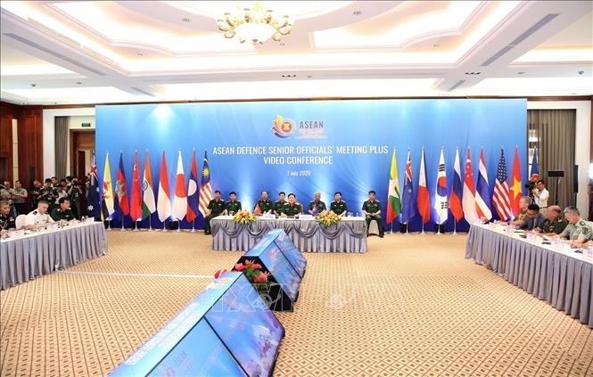 Trong ảnh: Hội nghị trực tuyến Quan chức Quốc phòng cấp cao các nước ASEAN mở rộng (ADSOM+) năm 2020, sáng 7/7/2020, tại Hà Nội. Ảnh: Dương Giang - TTXVN