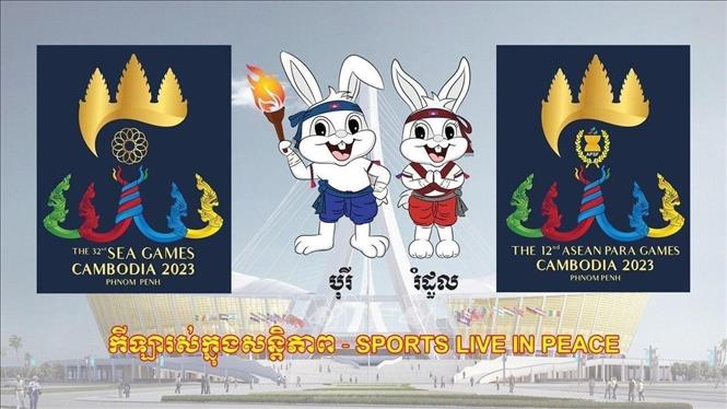 Trong ảnh: Biểu trưng (logo) và linh vật (Mascot) của SEA Games và ASEAN Para Games 2023. Vũ Hùng - Pv TTXVN tại Campuchia