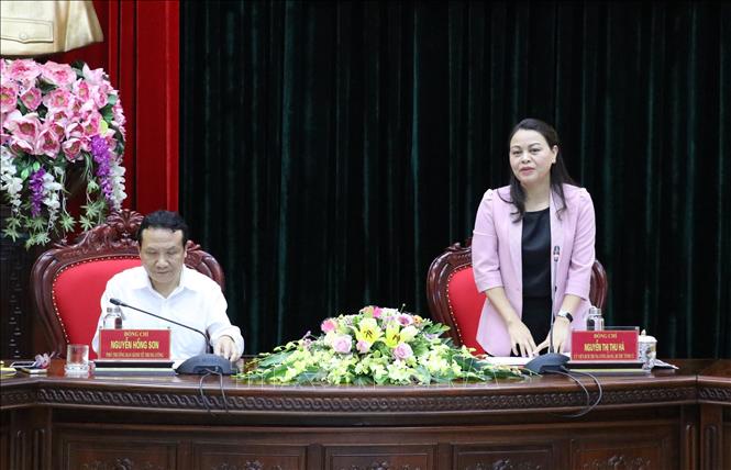 Trong ảnh: Đồng chí Nguyễn Thị Thu Hà, Ủy viên Trung ương Đảng, Bí thư Tỉnh ủy Ninh Bình phát biểu tại buổi làm việc. Ảnh: Đức Phương - TTXVN
