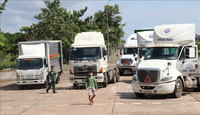 Trong ảnh: Lực lượng bộ đội biên phòng yêu cầu tài xế xe đầu kéo vào khai báo y tế trước khi qua cửa khẩu. Ảnh: Sỹ Tuyên – TTXVN