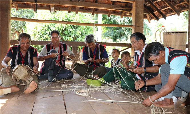 Trong ảnh: Đàn ông trong làng thường tập trung đi cắt tre, đan gùi cùng nhau. Ảnh: Hồng Điệp - TTXVN 
