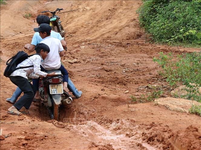 Trong ảnh: Học sinh cấp 2 được bố mẹ thồ xuống núi để học bán trú mỗi ngày. Ảnh: Hồng Điệp - TTXVN 