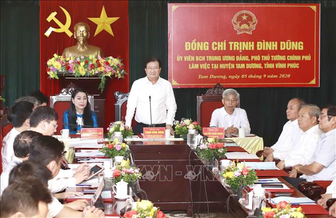 Trong ảnh: Phó Thủ tướng Trịnh Đình Dũng phát biểu tại buổi làm việc với cán bộ chủ chốt huyện Tam Dương. Ảnh: Hoàng Hùng - TTXVN