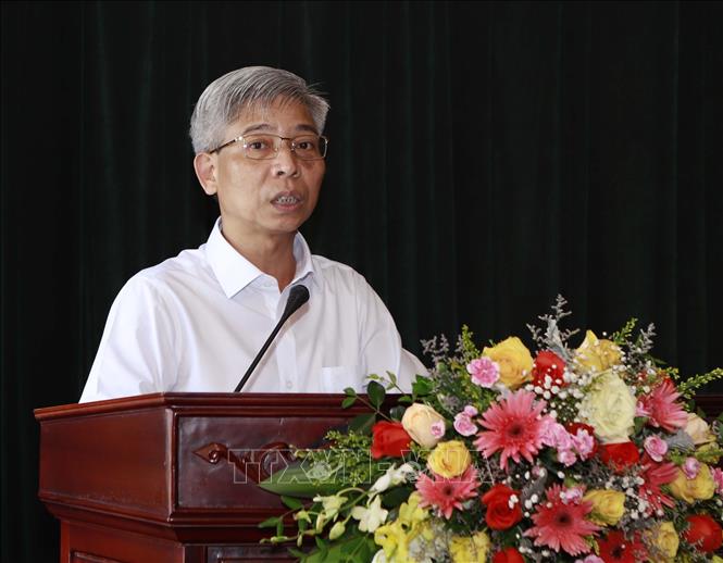 Trong ảnh: Bí thư Huyện uỷ Tam Dương Nguyễn Thanh Quang phát biểu tại buổi làm việc. Ảnh: Hoàng Hùng - TTXVN