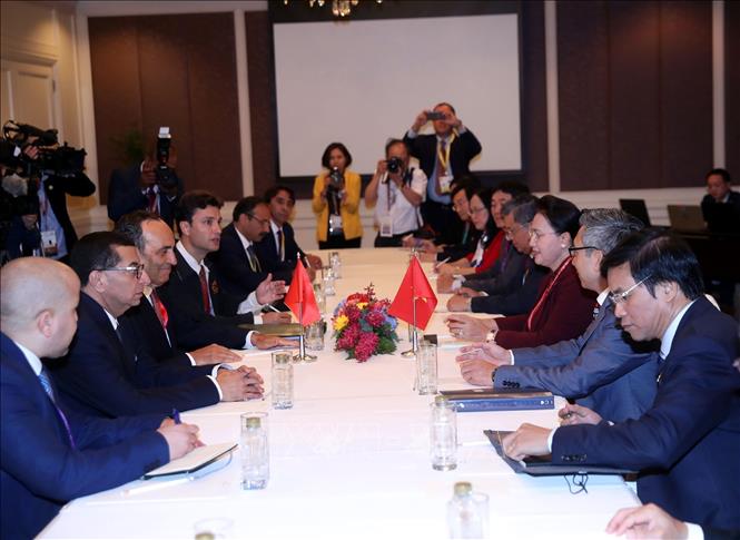 Trong ảnh: Trong chương trình AIPA-40, chiều 26/8/2019, tại thủ đô Bangkok, Chủ tịch Quốc hội Nguyễn Thị Kim Ngân gặp song phương Chủ tịch Hạ viện Maroc Habib El Malki. Ảnh: Trọng Đức - TTXVN