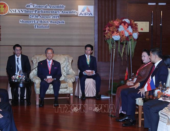 Trong ảnh: Sáng 26/8/2019, Chủ tịch Quốc hội Nguyễn Thị Kim Ngân dự buổi tiếp xã giao của Chủ tịch AIPA-40 Chuan Leekpai với các Trưởng đoàn Nghị viện thành viên AIPA tham dự Đại hội đồng AIPA-40. Ảnh: Trọng Đức - TTXVN