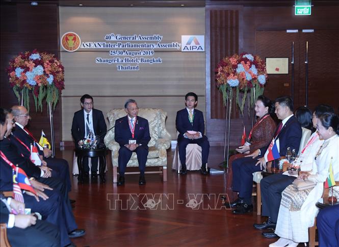 Trong ảnh: Sáng 26/8/2019, Chủ tịch Quốc hội Nguyễn Thị Kim Ngân dự buổi tiếp xã giao của Chủ tịch AIPA-40 Chuan Leekpai với các Trưởng đoàn Nghị viện thành viên AIPA tham dự Đại hội đồng AIPA-40. Ảnh: Trọng Đức - TTXVN