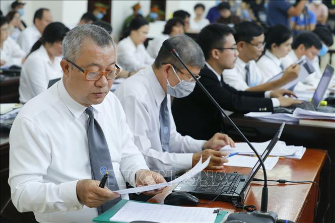 Trong ảnh: Các luật sư bào chữa cho bị cáo tại phiên tòa. Ảnh: Doãn Tấn - TTXVN