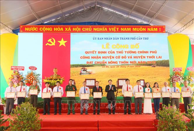 Trong ảnh: Trao Bằng khen của Chủ tịch UBND thành phố Cần Thơ cho các cá nhân của huyện Cờ Đỏ có thành tích xuất sắc trong xây dựng nông thôn mới. Ảnh: Thanh Liêm - TTXVN