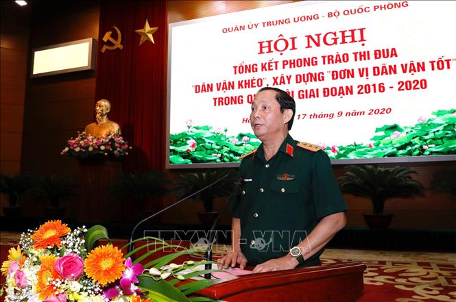 Trong ảnh: Thượng tướng Trần Quang Phương, Phó Chủ nhiệm Tổng cục Chính trị QĐND Việt Nam báo cáo tổng kết phong trào dân vận. Ảnh: Dương Giang - TTXVN