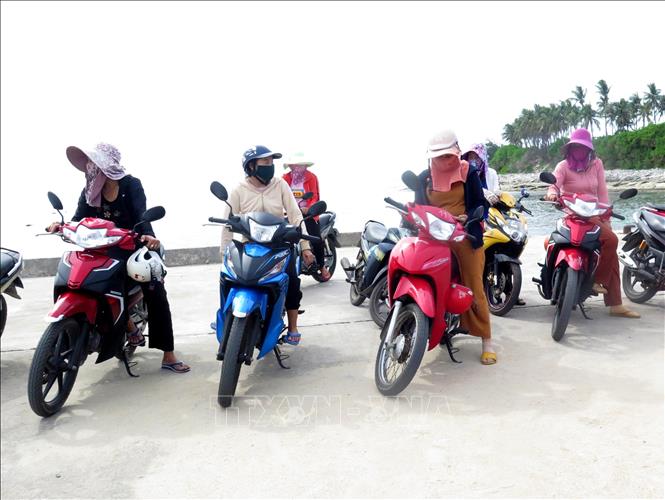 Trong ảnh: Tổ xe ôm của chị em phụ nữ đảo Bé (Lý Sơn, Quảng Ngãi). Ảnh: Lê Ngọc Phước-TTXVN
