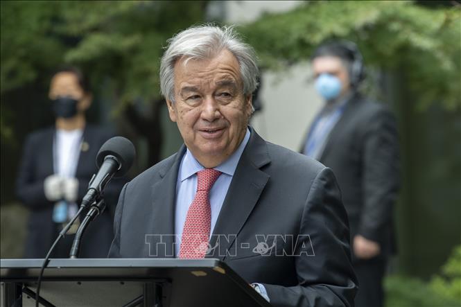 Trong ảnh: Tổng Thư ký Liên hợp quốc Antonio Guterres phát biểu tại buổi lễ. Ảnh: Hữu Thanh-TTXVN 