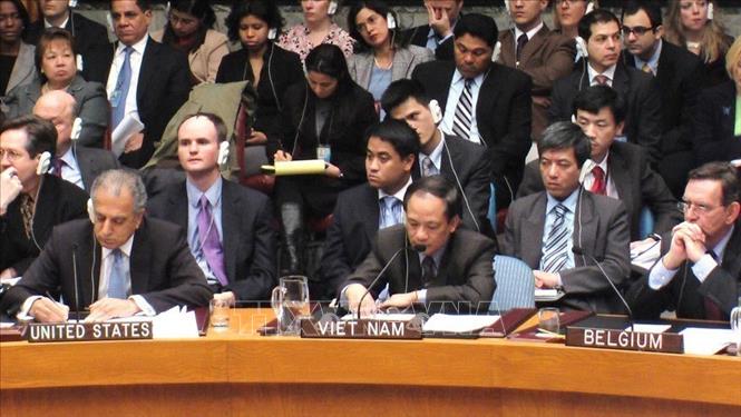 Trong lĩnh vực hoà bình, an ninh, Việt Nam nỗ lực bảo vệ, đề cao sự cần thiết tuân thủ các nguyên tắc cơ bản của Hiến chương LHQ và luật pháp quốc tế, đặc biệt là bình đẳng chủ quyền, tôn trọng độc lập, chủ quyền, toàn vẹn lãnh thổ, không can thiệp vào công việc nội bộ của quốc gia, giải quyết các tranh chấp bằng biện pháp hoà bình, không sử dụng hoặc đe dọa sử dụng vũ lực…Trong ảnh: Ngày 18/2/2008, tại phiên họp của HĐBA LHQ bàn về Kosovo, Đại sứ Lê Lương Minh, Trưởng phái đoàn Đại diện thường trực Việt Nam tại LHQ tuyên bố Việt Nam ủng hộ việc giải quyết vấn đề Kosovo theo Nghị quyết 1244 ngày 19/6/1999 của HĐBA LHQ và đã nhận được sự đồng ý của các bên liên quan. Ảnh: Bùi Ngọc Hải - TTXVN