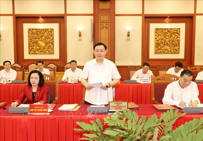TRong ảnh: Đồng chí Vương Đình Huệ, Ủy viên Bộ Chính trị, Bí thư Thành ủy Hà Nội phát biểu tại buổi làm việc. Ảnh: Trí Dũng  - TTXVN
