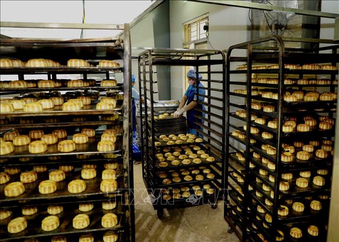 Trong ảnh: Sản xuất bánh nướng theo phương thức truyền thống tại nhà máy của Công ty. Ảnh: Vũ Sinh - TTXVN