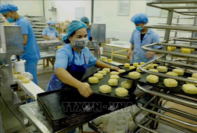 Trong ảnh: Sản xuất bánh nướng theo phương thức truyền thống tại nhà máy của Công ty. Ảnh: Vũ Sinh - TTXVN