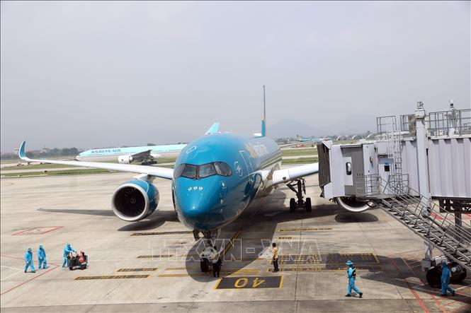 Trong ảnh: Trưa 25/9, chuyến bay mang số hiệu VN417 của Vietnam Airlines khởi hành từ thủ đô Seoul (Hàn Quốc) đã hạ cánh an toàn tại sân bay Nội Bài. Ảnh: Huy Hùng - TTXVN