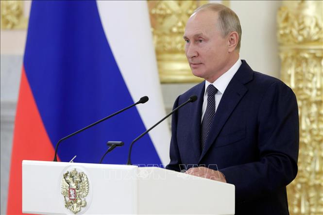 Trong ảnh: Tổng thống Nga Vladimir Putin trong bài phát biểu tại Điện Kremlin ở Moskva ngày 23/9/2020. Ảnh: AFP/TTXVN