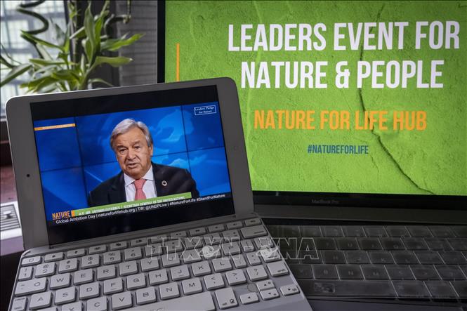Tổng thư ký Liên hợp quốc Antonio Guterres phát biểu tại sự kiện trực tuyến với chủ đề “Cam kết của các nhà lãnh đạo đối với thiên nhiên: Hợp tác đảo ngược sự mất mát đa dạng sinh học vào năm 2030 vì sự phát triển bền vững”. Ảnh: Hữu Thanh-P/v TTXVN tại New York, Hoa Kỳ