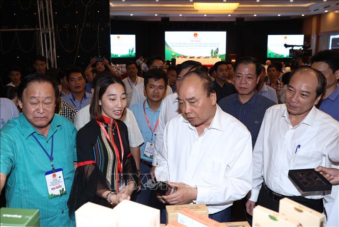 Trong ảnh: Thủ tướng Nguyễn Xuân Phúc thăm gian trưng bày các sản phẩm được chế biến từ hạt mắc ca. Ảnh: Thống Nhất – TTXVN
