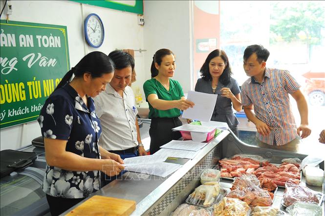 Đoàn kiểm tra ATVSTP kiểm tra thực phẩm và giấy tờ của các cửa hàng thực phẩm trên địa bàn thành phố Ninh Bình. Ảnh: Minh Đức - TTXVN