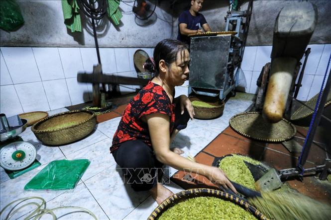 Trong ảnh: Quy trình giã cốm mất nhiều thời gian nhất. Thóc nguội chia thành từng mẻ nhỏ để giã. Cốm được giã tới 4 - 5 lần; sau mỗi lần giã người ta lại sàng, xảy để loại đi tạp chất trấu, cám và cứ làm như thế khi nào thấy cốm sạch thì thôi. Ảnh: Thành Đạt - TTXVN