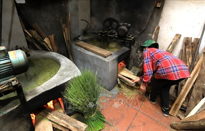Trong ảnh: Ngày nay, nhờ có máy móc nên đỡ sức người, không như ngày xưa giã bằng chân và thời gian làm cốm cũng giảm đáng kể. Tuy nhiên, vẫn phải mất gần 5 tiếng đồng hồ mới hoàn thành một mẻ cốm ưng ý. Mất 5 - 7kg thóc mới ra được 1kg cốm. Ảnh: Thành Đạt - TTXVN 
