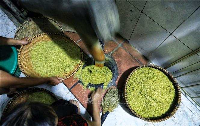 Photo: Then roasted grains pounded in stone mortars, people use a pestle to split off tegument. VNA Photo: Thành Đạt