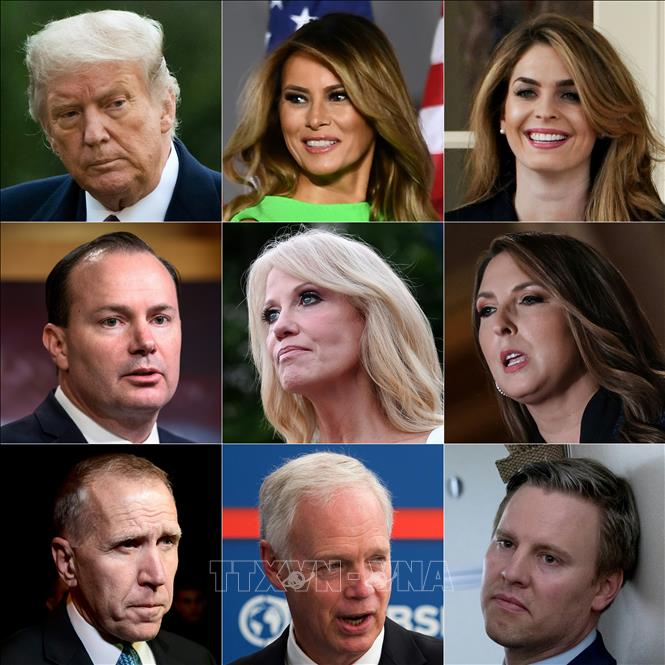 Trong ảnh: Tổng thống Mỹ Donald Trump (trái, hàng trên), Đệ nhất phu nhân Melania Trump (thứ 2, trái, hàng trên) cùng các quan chức Mỹ có kết quả xét nghiệm dương tính với virus SARS-CoV-2. Ảnh: AFP/TTXVN