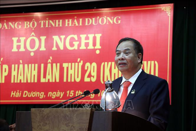 Ủy viên Trung ương Đảng, Bí thư Tỉnh ủy Hải Dương Nguyễn Mạnh Hiển phát biểu tại hội nghị
Ảnh: Mạnh Tú - TTXVN
