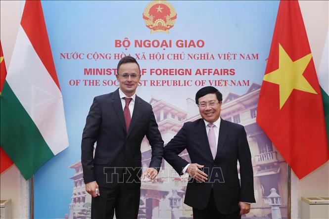 Photo: Deputy Prime Minister and Foreign Minister Pham Binh Minh welcomes Hungarian Minister of Foreign Affairs and Trade Peter Szijjártó to the talks. VNA Photo: Lâm Khánh