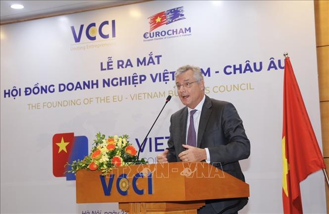 Photo: EuroCham Chairman Nicolas Audier speaks at the ceremony. VNA Photo: Trần Việt